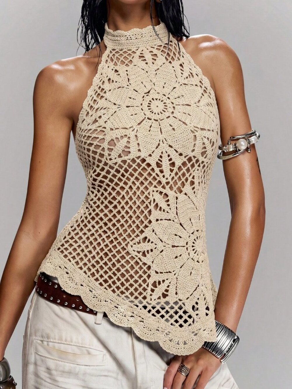 Mocha Brown Casual Women's Crochet Halter Asymmetrical Hem Knit Top